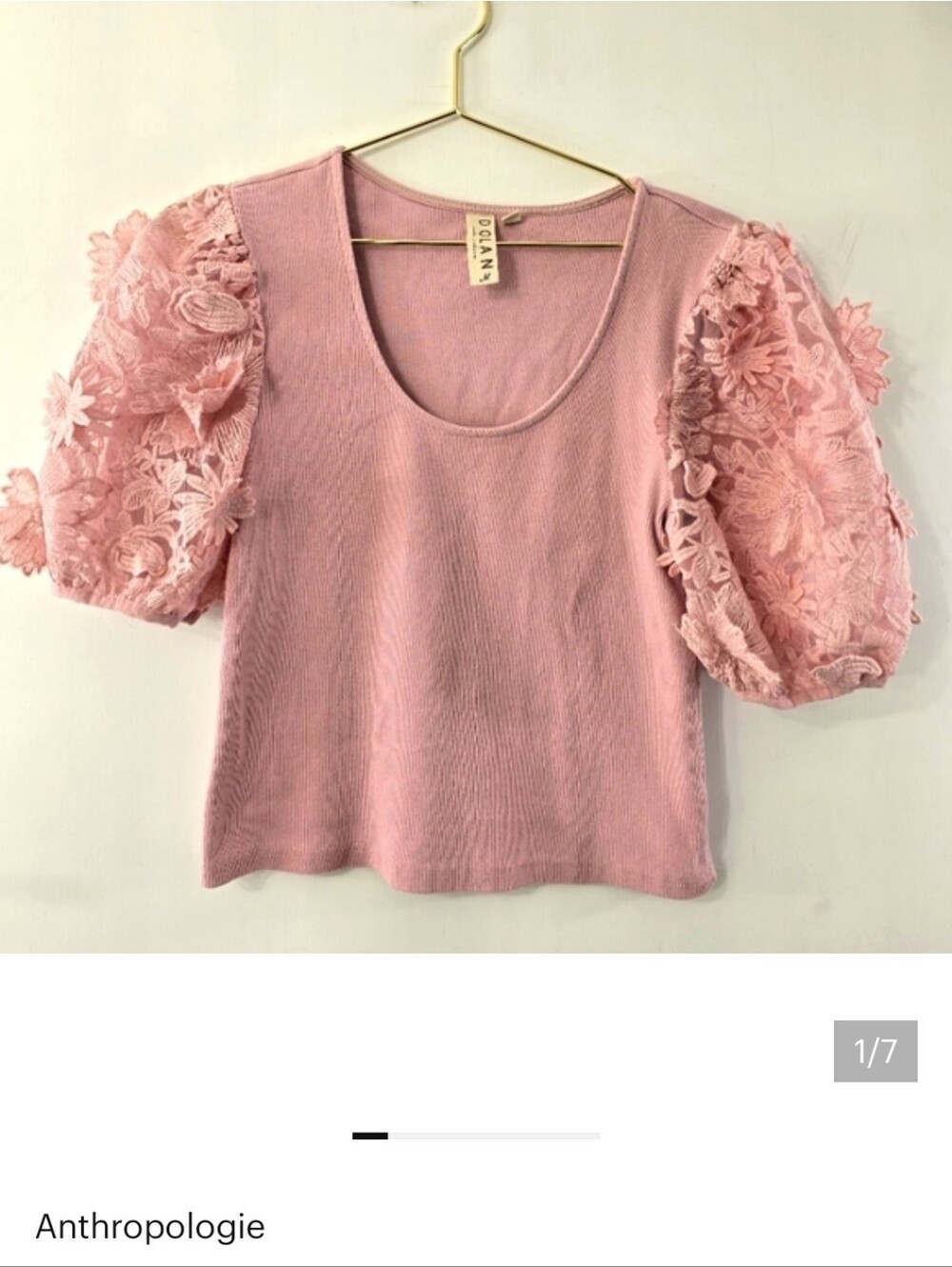 Anthropologie Dolan Left Coast Collection Crop Rib Puff 3D Lace Short Sleeve Top